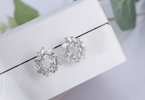 Silver Round Rhinestone Stud Earrings Jewelry