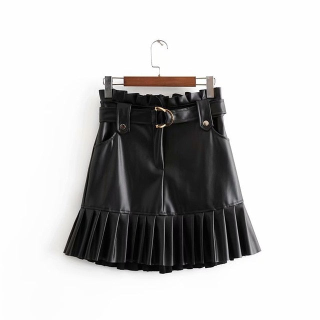 Chic PU Leather Pleated Ruffles Tie Belt Waist Pocket Skirt