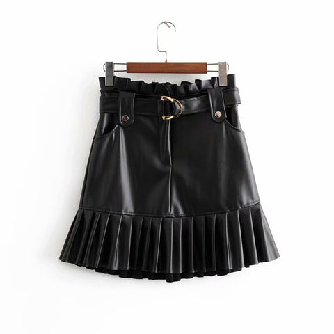 Chic PU Leather Pleated Ruffles Tie Belt Waist Pocket Skirt