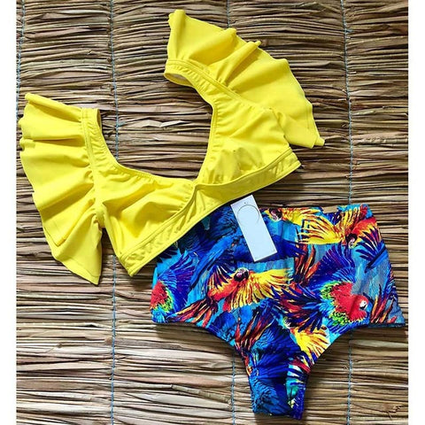 Floral Ruffled Hem Flora V-neck High-waisted Swimsuit