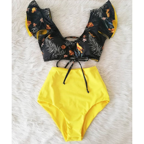 Floral Ruffled Hem Flora V-neck High-waisted Swimsuit