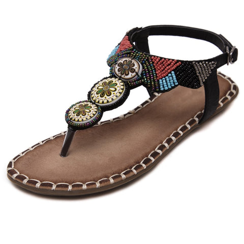 Sandals Boho Flat Heel Metallic Beads Ethnic Rhinestone Bohemian