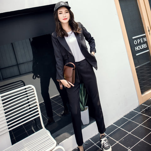 Trousers Suit Casual Buttons Jacket & High Waist Pencil Pant