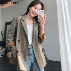 Vintage Plaid Double Breasted Women Blazer Oversized Outwear