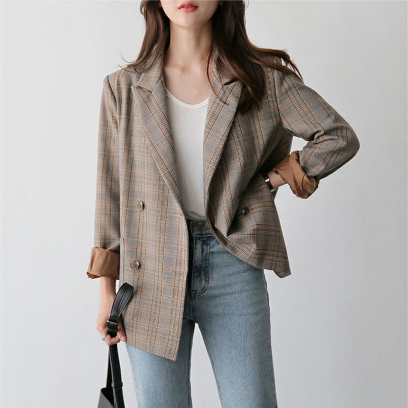 Vintage Plaid Double Breasted Women Blazer Oversized Outwear