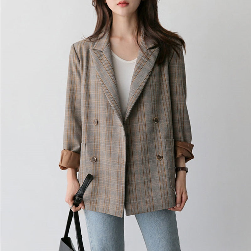 Vintage Plaid Double Breasted Women Blazer Oversized Outwear