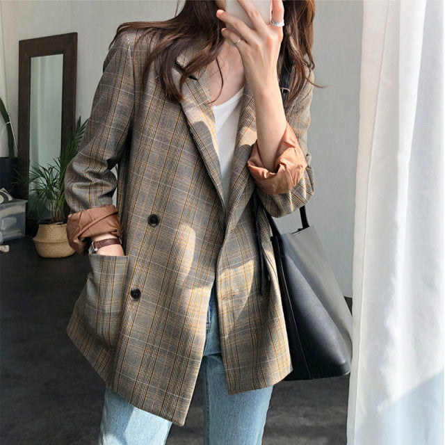 Vintage Plaid Double Breasted Women Blazer Oversized Outwear