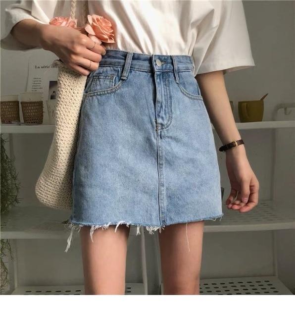 Summer Black Blue Solid Casual High Waist Pencil Denim Skirts