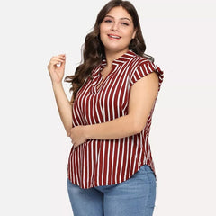 Plus Size Blouse Shirt Women Stand V Neck Short Sleeve Striped Print