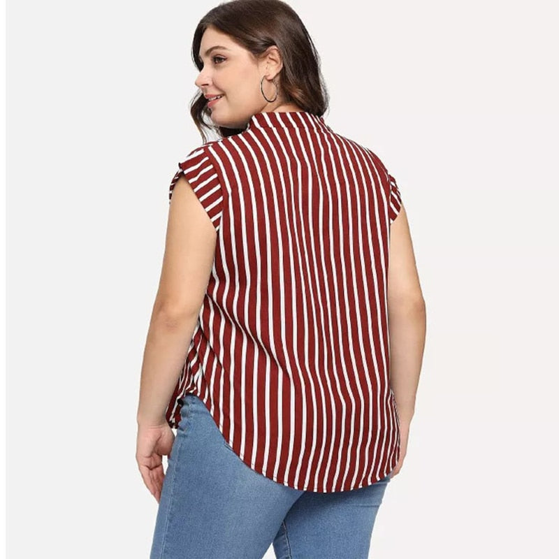 Plus Size Blouse Shirt Women Stand V Neck Short Sleeve Striped Print