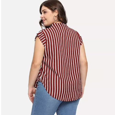 Plus Size Blouse Shirt Women Stand V Neck Short Sleeve Striped Print