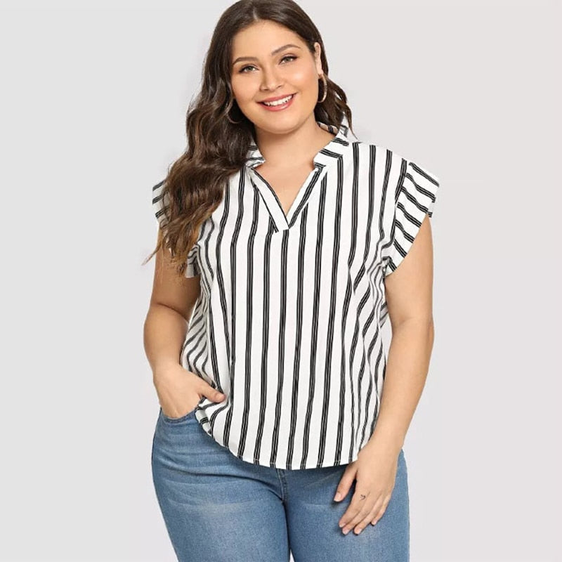 Plus Size Blouse Shirt Women Stand V Neck Short Sleeve Striped Print