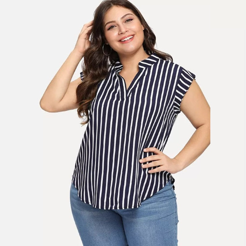 Plus Size Blouse Shirt Women Stand V Neck Short Sleeve Striped Print