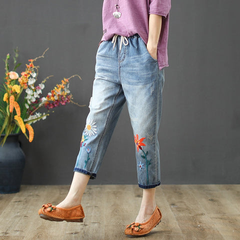 Fashion Summer Ladies Elastic Jeans Women Casual Floral Embroidery Denim Trousers