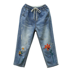 Fashion Summer Ladies Elastic Jeans Women Casual Floral Embroidery Denim Trousers