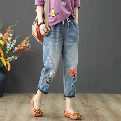 Fashion Summer Ladies Elastic Jeans Women Casual Floral Embroidery Denim Trousers