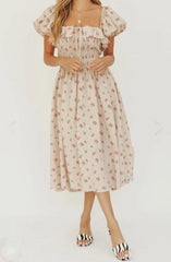 French Style Lacing up Ruffles Square Collar Floral Long Swing Dress