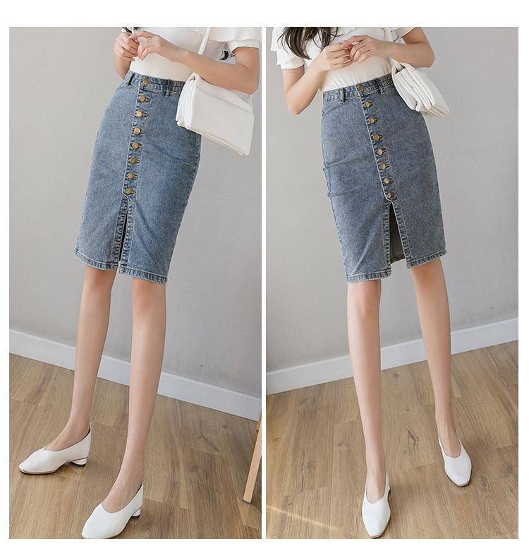 Denim Sheath Wrap Single-Breasted High Waist Pencil Midi Skirt