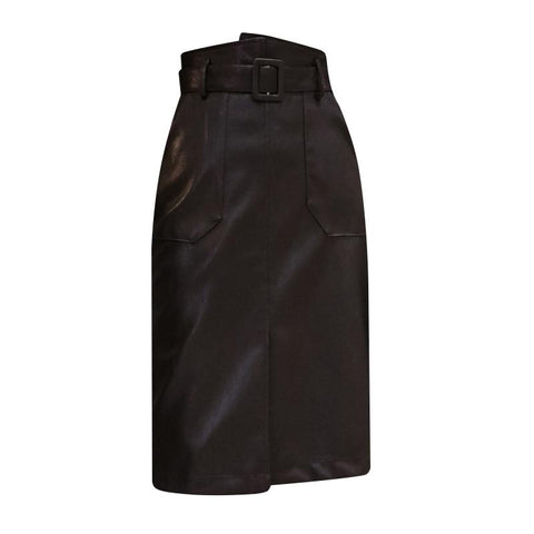 PU Leather Sheath Midi Skirts High Waist Knee-Length Wrap Skirts