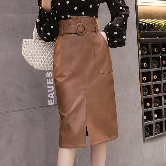 PU Leather Sheath Midi Skirts High Waist Knee-Length Wrap Skirts