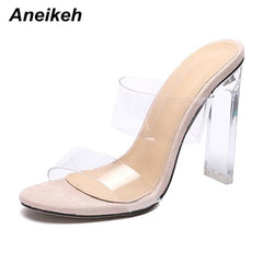 Slipper Slip On Thin Heels Slides PVC Jelly Slippers Open Toe High Heels Crystal