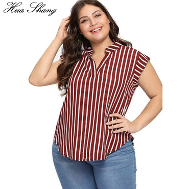 Plus Size Blouse Shirt Women Stand V Neck Short Sleeve Striped Print