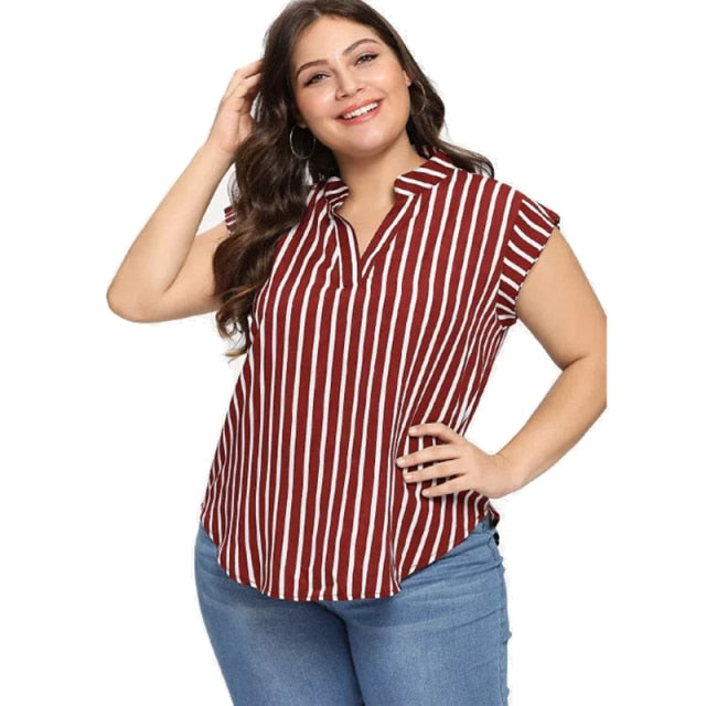 Plus Size Blouse Shirt Women Stand V Neck Short Sleeve Striped Print