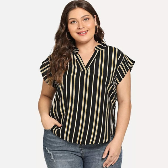 Plus Size Blouse Shirt Women Stand V Neck Short Sleeve Striped Print