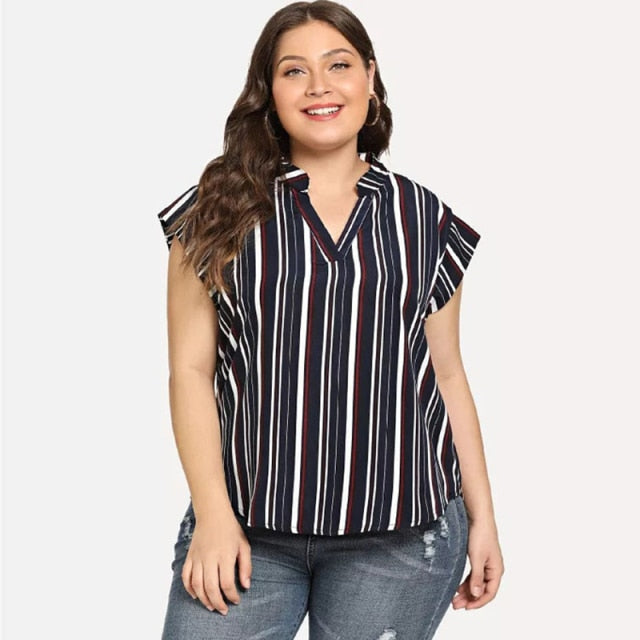 Plus Size Blouse Shirt Women Stand V Neck Short Sleeve Striped Print