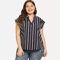 Plus Size Blouse Shirt Women Stand V Neck Short Sleeve Striped Print