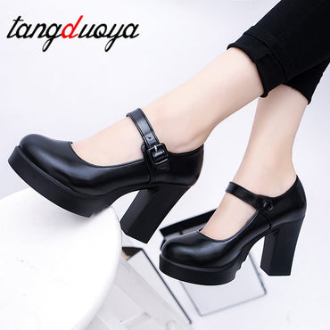 Square High Heels Platform Pumps Sumer Shallow Mouth Buckle Strap Shoes
