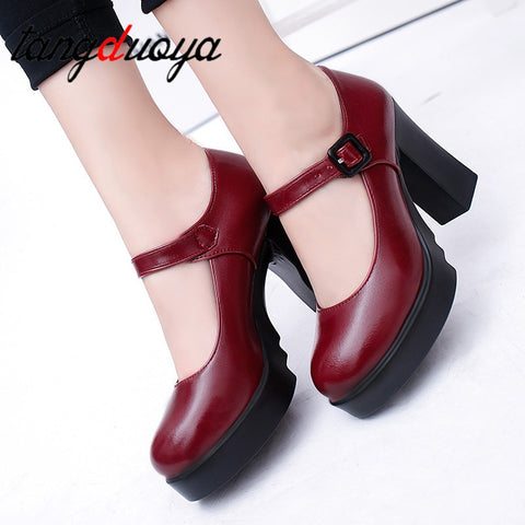 Square High Heels Platform Pumps Sumer Shallow Mouth Buckle Strap Shoes