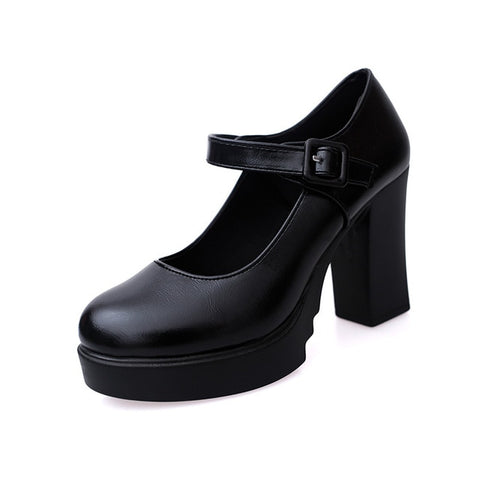 Square High Heels Platform Pumps Sumer Shallow Mouth Buckle Strap Shoes