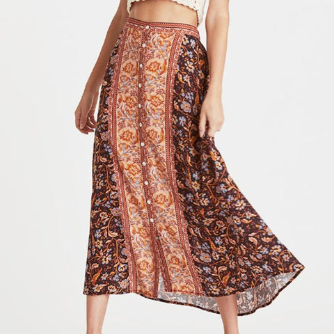 Boho Floral Print Gypsy Buttons Ladies Casual Long Skirt