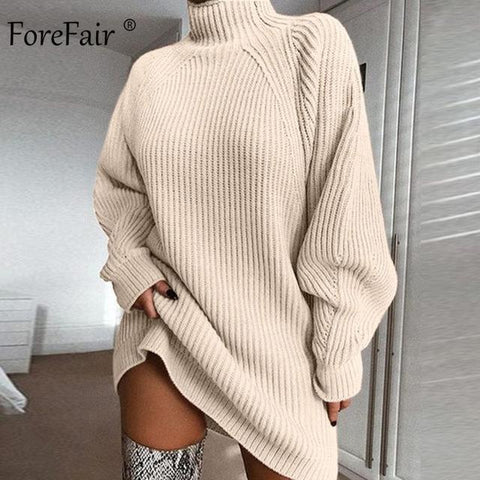 Oversized Knitted Sweater Solid Casual Elegant Turtleneck Dress