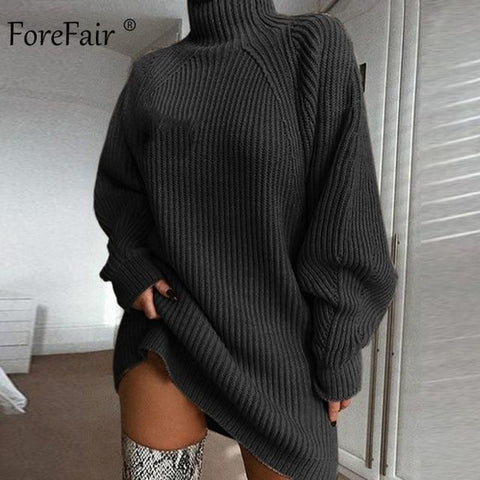 Oversized Knitted Sweater Solid Casual Elegant Turtleneck Dress