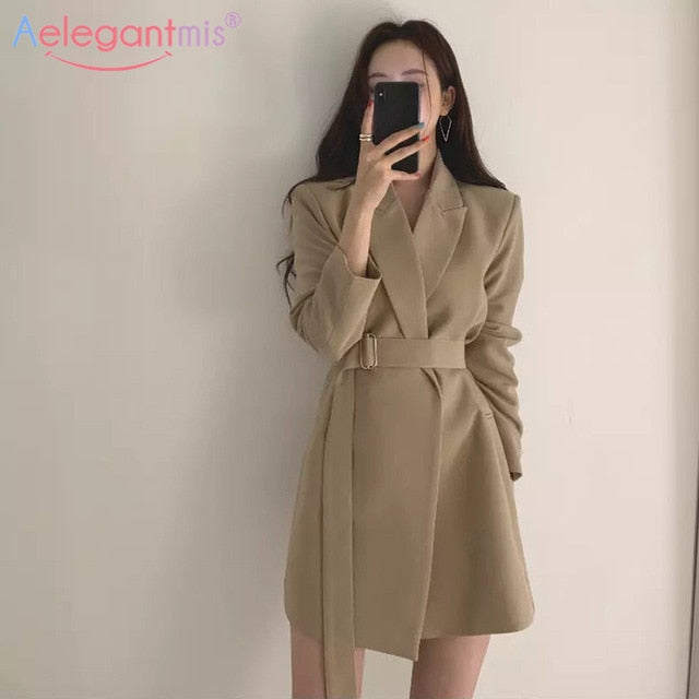 Long Blazers Jacket With Belt Notched Outerwear Office