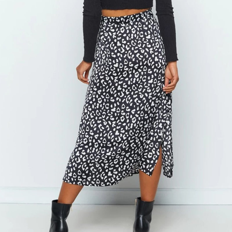 Leopard Printed Side Split Long Black High Waist Zip Vintage Ladies Skirt