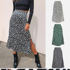 Leopard Printed Side Split Long Black High Waist Zip Vintage Ladies Skirt