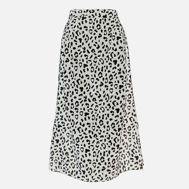 Leopard Printed Side Split Long Black High Waist Zip Vintage Ladies Skirt