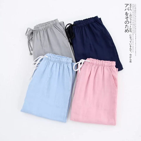 Couples Cotton Gauze Sleep Pants Ladies Home Tie Pajama Pant