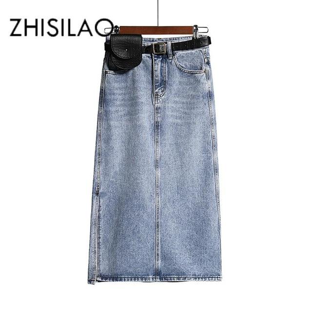 Long Denim Vintage High Waist Jeans Skirt with Belt
