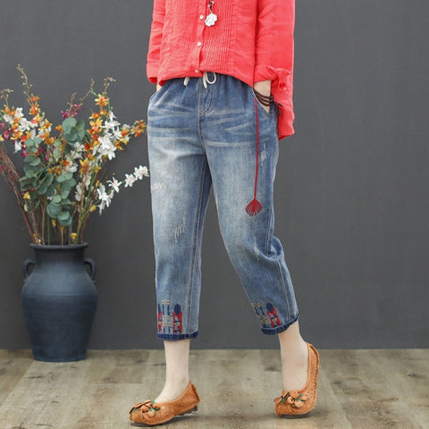 Fashion Ladies Ripped Loose Jeans Casual Embroidery Denim Trousers