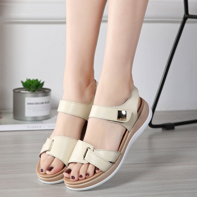 Women Female Ladies Mother Genuine Leather Shoes Sandals Flats