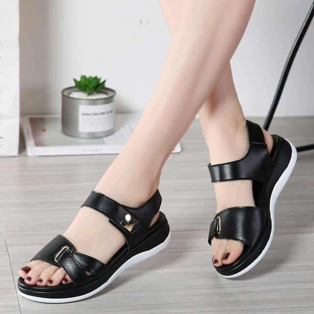 Women Female Ladies Mother Genuine Leather Shoes Sandals Flats