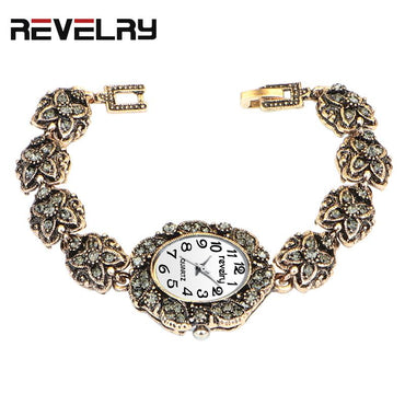 Brand Women Ancient Gold Bracelet Luxury Watches Grey Rhinestone