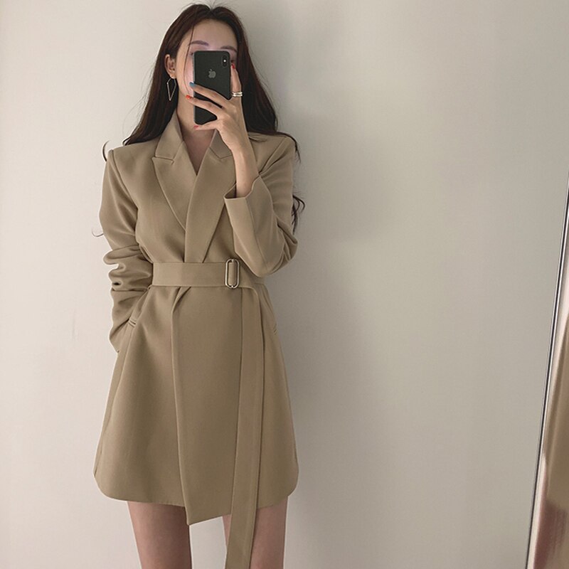 Style Notched Collar Sashes Women Blazer Dress Full Sleeve Slim Waist