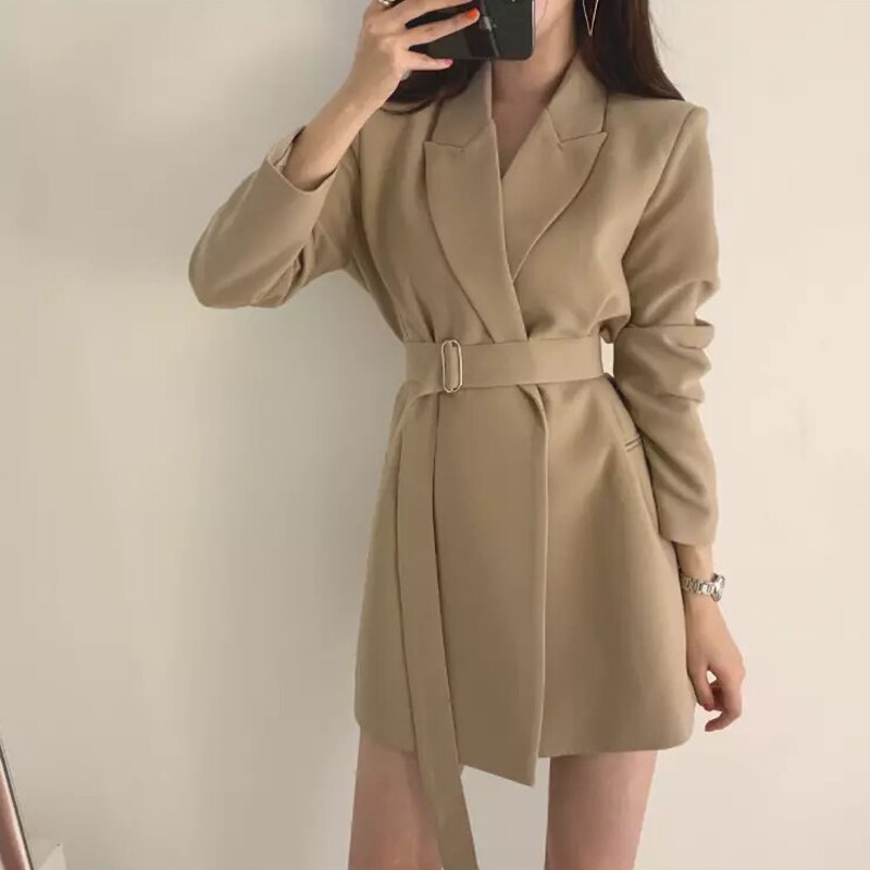 Style Notched Collar Sashes Women Blazer Dress Full Sleeve Slim Waist