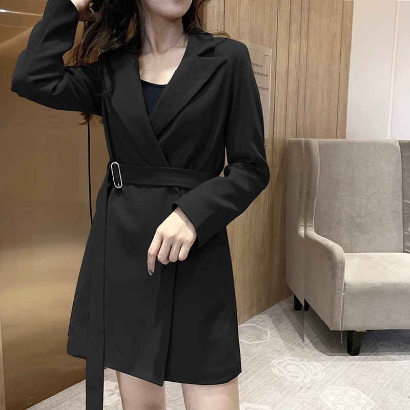 Style Notched Collar Sashes Women Blazer Dress Full Sleeve Slim Waist