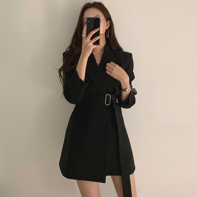 Style Notched Collar Sashes Women Blazer Dress Full Sleeve Slim Waist